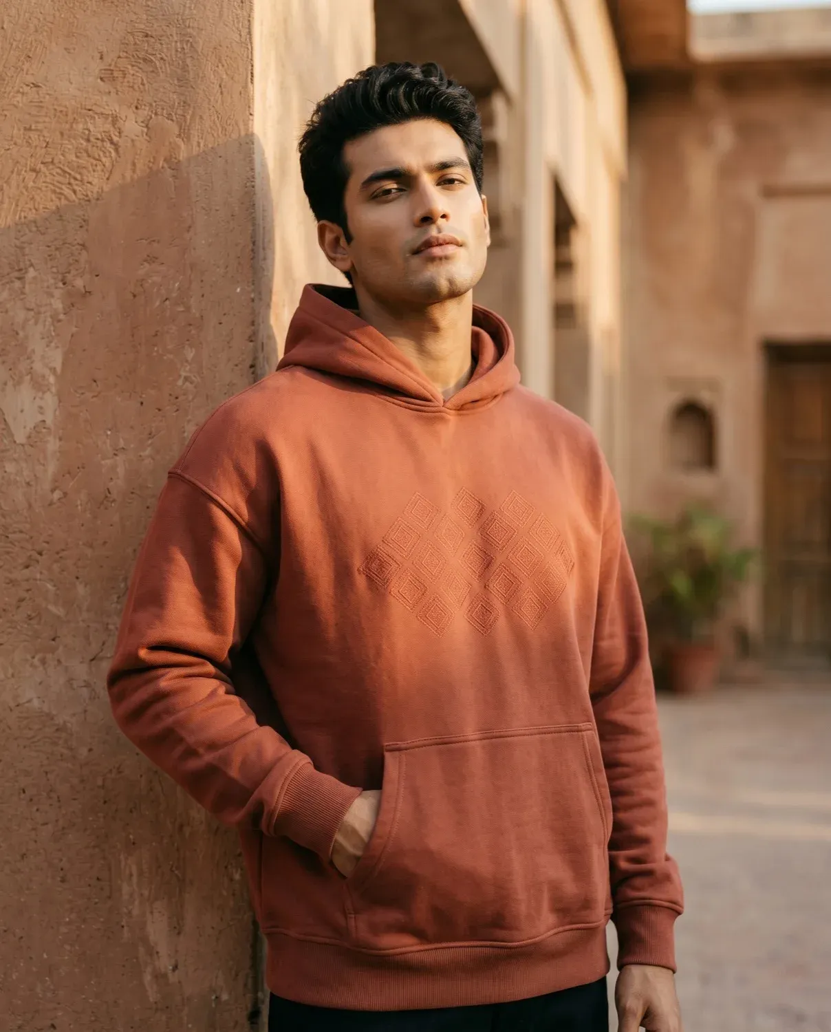 Jamdani hoodie, terracotta — worn